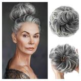 CJL HAIR Large Messy Bun Hair Piece Wavy Curly Scrunchies Synthetic Chignon Ponytail Hair Extensions Thick Updo Hairpieces for Women Salt and Pepper