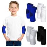 Lenwen 4 Pairs Kids Elbow Brace Compression Arm Elbow Sleeve Knit Guard Gym Protectors for Boys Teen Children Girls Basketball Volleyball Tennis Cycling(8-12 Years,Black, White, Blue, Gray)
