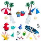 21 Pieces Beach Cake Toppers Hawaiian Chair Boat Palm Tree Umbrella Dollhouse Decoration Miniature Ornament Kits Set for Swimming Pool Summer Beach Birthday Party Supplies