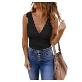 Bigeoosh Womens Lace Patchwork Sexy Deep V Neck Knitted Vests Summer Camis Tank Tops Black Large