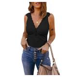 Bigeoosh Womens Lace Patchwork Sexy Deep V Neck Knitted Vests Summer Camis Tank Tops Black Large