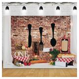 Kids 1st Birthday Party Backdrops Chef Brick Wall Cutlery Bread Cake Smash Decor Photography Backgrounds Kids Boys Girls Birthday Newborn Baby Shower Decoration Cake Table Banner,7x5ft