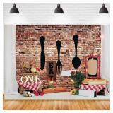 Kids 1st Birthday Party Backdrops Chef Brick Wall Cutlery Bread Cake Smash Decor Photography Backgrounds Kids Boys Girls Birthday Newborn Baby Shower Decoration Cake Table Banner,7x5ft