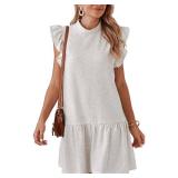 AIWUFLY Womens Ruffle Sleeve Mini Dress Summer Casual Crewneck Flowy A Line Short Babydoll Dress with Tiered Hem Lightweight Pullover Sundress White XS