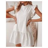 AIWUFLY Womens Ruffle Sleeve Mini Dress Summer Casual Crewneck Flowy A Line Short Babydoll Dress with Tiered Hem Lightweight Pullover Sundress White XS