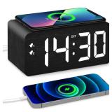 URAYCO Wood Digital Alarm Clock With 10W Fast Wireless Charger, USB Charging Ports, DST, Dimmable, Snooze, Large Number LED Display for Bedrooms, Desk, Living Room Table, Bedside, Nightstand (Black)