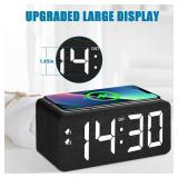 URAYCO Wood Digital Alarm Clock With 10W Fast Wireless Charger, USB Charging Ports, DST, Dimmable, Snooze, Large Number LED Display for Bedrooms, Desk, Living Room Table, Bedside, Nightstand (Black)