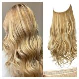 SARLA Invisible Wire Hair Extensions With 3 Clips Short Synthetic Wavy Curly Hairpiece Adjustable Transparent Headband For Women 14 Inch Honey Blonde/Bleach Blonde Highlights
