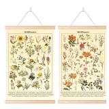 Chenkaiyang 2 Pcs Vintage Hanging Poster,Flowers Wall Hanging Botanical Rustic Retro Wall Art Prints Flower Chart Posterfor Living Room Decor,12.7 X 21.6 Inch-Needs Re-Glued at Top of 1