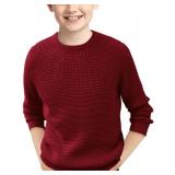 Haloumoning Boys Casual Pullover Sweaters Kids Chunky Crewneck Waffle Knit Jumper Tops 5-14 Years Wine Red