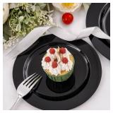 FLOWERCAT 60PCS Black Plastic Plates - Heavy Duty Black Disposable Plates for 30 guests Halloween Party/Wedding/New Year - Include 30PCS 10.25inch Dinner Plates and 30PCS 7.5inch Dessert Plates