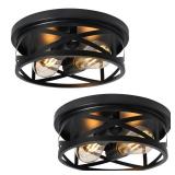 Elekeed 2-Light Flush Mount Ceiling Light Fixture, Farmhouse Ceiling Lights for Kitchen, Modern Black Close to Ceiling Light for Hallway Bedroom Balcony Porch Stairway, E26, (2 Pack)