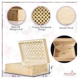 Mela Artisans Wooden Keepsake Box | Whitewash Mango Wood Memory & Photo Storage Box with Hinged Lid | Decorative Storage Box | Extra Large | 10.5x7.5x4 Inch-3 Knicks in the Wood On Side of the Box
