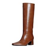 COMJUY 2" Textured Brown Knee High Boots Women Low Heel, Kitten Heel Knee High Boots for Women Pull on with Block Heel Square Toe, Flat Tall Boots Riding Boots Women Gogo Boots Faux Leather Size 9