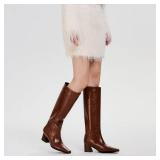 COMJUY 2" Textured Brown Knee High Boots Women Low Heel, Kitten Heel Knee High Boots for Women Pull on with Block Heel Square Toe, Flat Tall Boots Riding Boots Women Gogo Boots Faux Leather Size 9