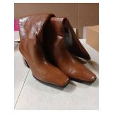 COMJUY 2" Textured Brown Knee High Boots Women Low Heel, Kitten Heel Knee High Boots for Women Pull on with Block Heel Square Toe, Flat Tall Boots Riding Boots Women Gogo Boots Faux Leather Size 9