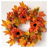 Fall Wreaths for Front Door 22 Inch, Autumn Wreath with Berry Pumpkin, Maple Leaves, Thanksgiving Harvest Festival Decorations Indoor and Outdoor (Orange-Pumpkins)