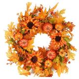 Fall Wreaths for Front Door 22 Inch, Autumn Wreath with Berry Pumpkin, Maple Leaves, Thanksgiving Harvest Festival Decorations Indoor and Outdoor (Orange-Pumpkins)