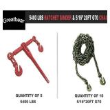 Unused Greatbear Qty of (5) 5400LBS Ratchet  binder and Qty of (10) 5/16" 20FT G70 chain