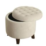 Large Round Button Tufted Storage Ottoman Cream - HomePop: Velvet Footstool, Wood Legs - Retail: $170