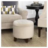 Large Round Button Tufted Storage Ottoman Cream - HomePop: Velvet Footstool, Wood Legs - Retail: $170