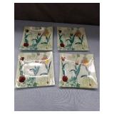 Vintage Square Glass Plates Botanical Theme Tulip. Set Of 4. 6âx 6â