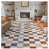 Checkered Rug 8x10 for Living Room, Modern Rainbow Shag Rug Washable Non-Slip Large Area