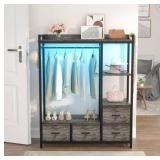 Cyclysio Dresser with Hanging Rack, 4 Drawers Dresser for Bedroom with Power Outlet and LED Lights, Cute Dressers with Storage Shelf for Bedroom Living Room,