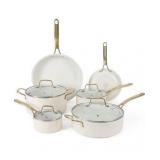 Martha Stewart Lockton Premium Non stick Non Toxic PFA Free Ceramic Interior 10 Piece Heavy Gauge Enamel Aluminum Pots and Pans Cookware Set - pink w/Gold Handle