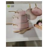 Martha Stewart Lockton Premium Non stick Non Toxic PFA Free Ceramic Interior 10 Piece Heavy Gauge Enamel Aluminum Pots and Pans Cookware Set - pink w/Gold Handle