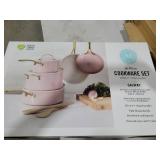 Martha Stewart Lockton Premium Non stick Non Toxic PFA Free Ceramic Interior 10 Piece Heavy Gauge Enamel Aluminum Pots and Pans Cookware Set - pink w/Gold Handle