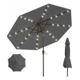 9FT Solar Umbrella 32 LED Lighted Patio Umbrella Table Market Umbrella w/Tilt and Crank, UV-Resistant Outdoor Umbrella for Pool, Garden, Deck, Gray