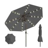 9FT Solar Umbrella 32 LED Lighted Patio Umbrella Table Market Umbrella w/Tilt and Crank, UV-Resistant Outdoor Umbrella for Pool, Garden, Deck, Gray