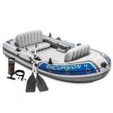 INTEX 68324EP Excursion 4 Inflatable Boat Set: Includes Deluxe 54in Boat Oars and High-Output Pump Adjustable Seats with Backrest Fishing Rod Holders 4-Person 1100lb Weight Capacity