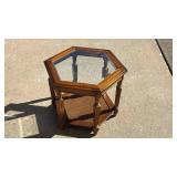 Vintage Hexagon Glass-Top End Table with Cane Shelf - Retail: $45