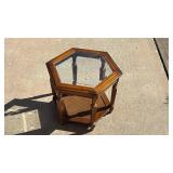 Vintage Hexagon Glass-Top End Table with Cane Shelf - Retail: $45