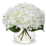 Hollyone Hydrangea Artificial Flowers with Vase White Silk Fake Flowers Arrangements in Glass Vase with Faux Water for Home Bathroom Office Table Centerpiece Shelf Decorations