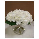 Hollyone Hydrangea Artificial Flowers with Vase White Silk Fake Flowers Arrangements in Glass Vase with Faux Water for Home Bathroom Office Table Centerpiece Shelf Decorations
