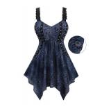 Rosegal Women Plus Size Flowy Summer Goth Tank Top Punk Rivets Distressed Floral Lace Straps Handkerchief Tank Top with Pockets Backless Hanky Hem Sleeveless Shirt(Blue XL)