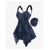 Rosegal Women Plus Size Flowy Summer Goth Tank Top Punk Rivets Distressed Floral Lace Straps Handkerchief Tank Top with Pockets Backless Hanky Hem Sleeveless Shirt(Blue XL)