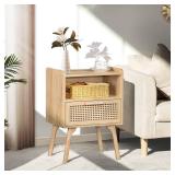 Lerliuo Rattan Nightstand, Boho Side Table with Drawer Open Shelf, Cane Accent Bedside End Table with Solid Wood Legs for Bedroom, Dorm and Small Spaces (Natural)