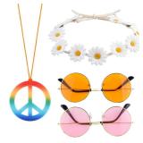 CHRORINE 4 Pieces Hippie Costume Set Hippie Sunglasses Peace Sign Necklace Hippie Headband for Women Men Hippie Party Decorations