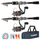 PLUSINNO Telescopic Fishing Rod And Reel Combos Full Kit, Carbon Fiber Fishing Pole, 12 +1 Shielded Bearings Stainless Steel BB Spinning Reel(2pack)
