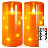NURADA 3"x6"Flickering Flameless Candles: Built-In Star String Lights 3D Wick Battery Operated LED Pillar Candles With Remote And Timer For Halloween Thanksgiving Dinner Tables Home Fall Decor Orange