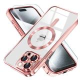 Misea Magnetic For IPhone 15 Pro Max Case With MagSafe [Never Yellowing] [Military Grade Drop Protection] Full Camera Lens Protector Plating Soft Clear Phone Case For Women Girls, Pink