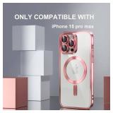 Misea Magnetic For IPhone 15 Pro Max Case With MagSafe [Never Yellowing] [Military Grade Drop Protection] Full Camera Lens Protector Plating Soft Clear Phone Case For Women Girls, Pink