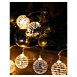 BBTO LED Disco Ball String Light Battery Powered Mirror Balls Ornaments For Outside Backyard Porch 70s 80s Disco Party Supplies(1.57 Inch,Warm Silver)