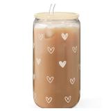 Heart 16oz Can Glass Tumbler With Acrylic Lid Iced Coffee Cup For Women, Aesthetic Cups Gifts For Birthday Christmas Valentine (Straw Not Included)