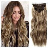 NAYOO Clip In Hair Extensions For Women 20 Inch Long Wavy Curly Medium Brown Ash Blonde Hairpieces Full Head Synthetic Hair Hairpieces (6PCS, Medium Brown Ash Blonde)