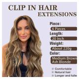 NAYOO Clip In Hair Extensions For Women 20 Inch Long Wavy Curly Medium Brown Ash Blonde Hairpieces Full Head Synthetic Hair Hairpieces (6PCS, Medium Brown Ash Blonde)